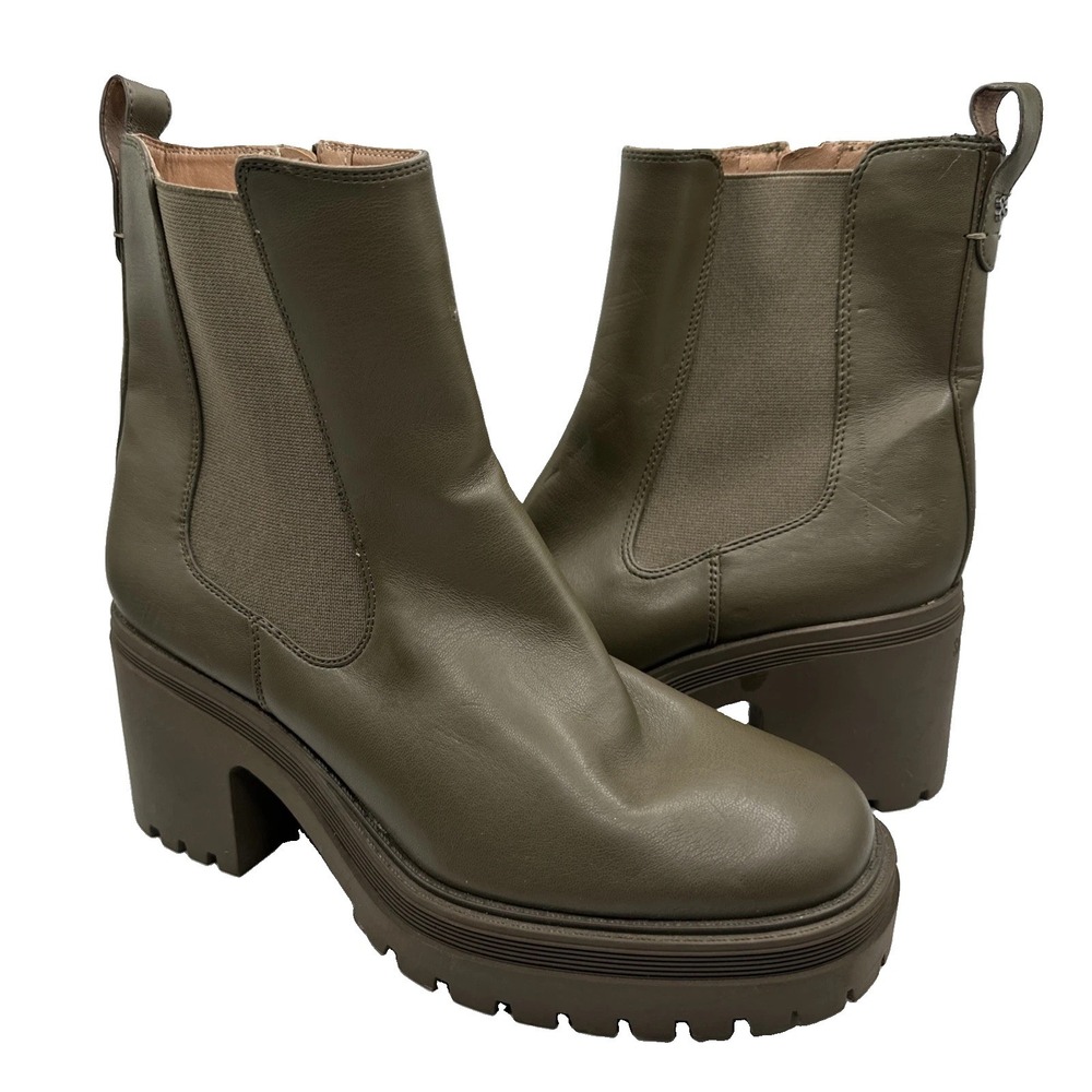 Sam & Libby Camila Olive Green Faux Leather Chunky Heel Chelsea Boots Size 9